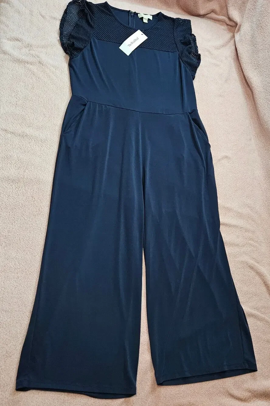 Michael Kors Women's XL Navy Mesh Inset Short Flutter Sleeve Cropped Jumpsuit